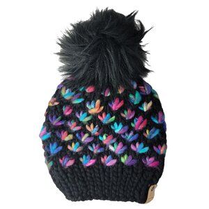 907 Knits Pom Pom Beanie Hat Black Multicolor Rainbow Fresh Tracks Lotus Flower